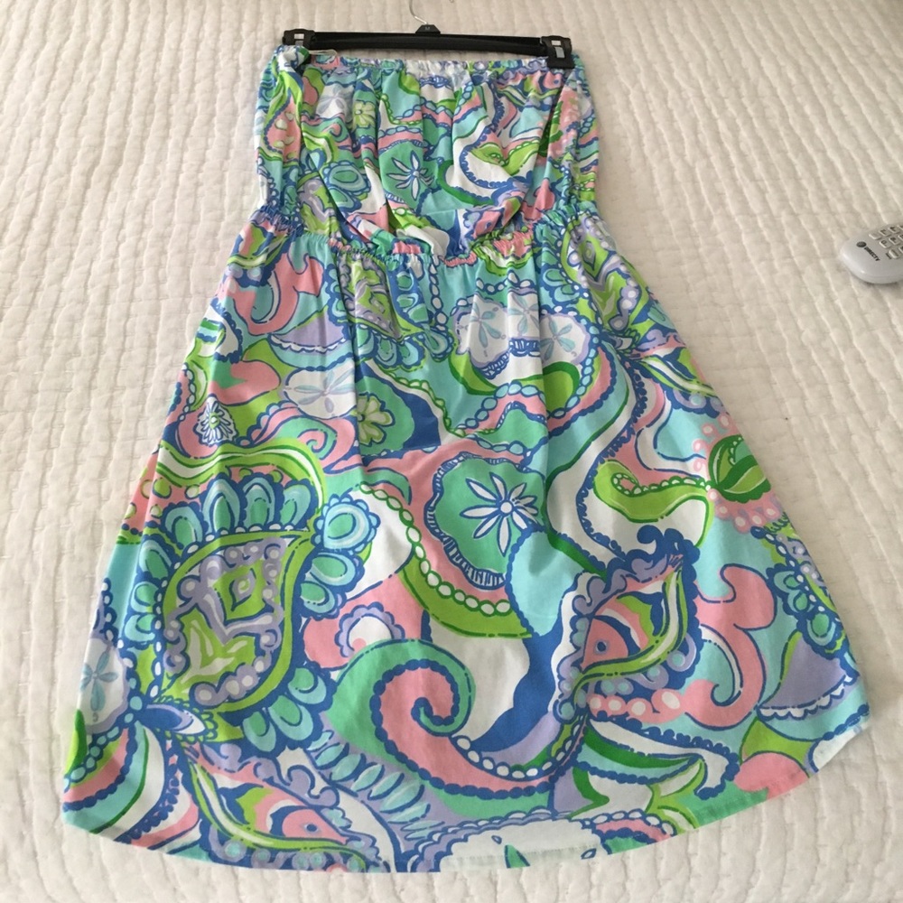Lilly Pulitzer Strapless Dress in Blue, Green, and Pink